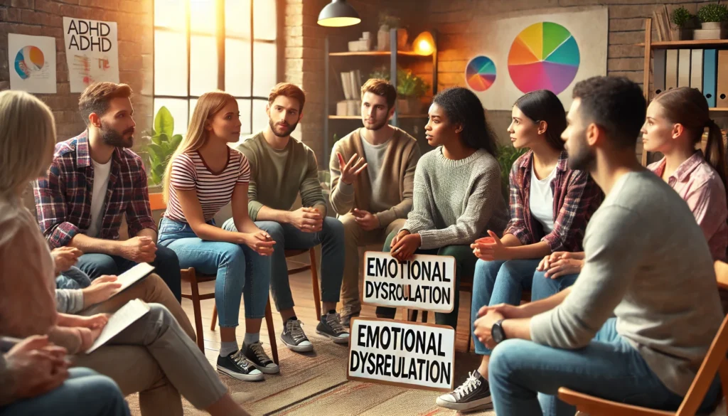 "A diverse support group of individuals with ADHD discussing emotional dysregulation in a warm, welcoming setting. Participants share personal experiences and listen empathetically, fostering an environment of mutual understanding and support."