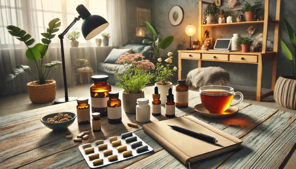  wide-angle composition featuring a peaceful workspace designed for mental well-being, displaying natural mood stabilizers such as herbal teas, essential oils, and supplements. The desk is neatly arranged with a cozy lamp, a notebook for journaling, and a cup of warm tea, creating a serene and inviting environment. Soft, natural lighting enhances the tranquil ambiance, with a background featuring houseplants and calming decor.