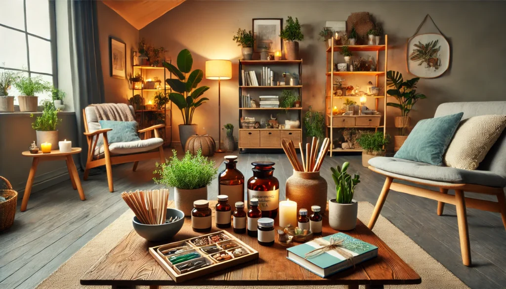 A wide-angle composition featuring a tranquil home setting with natural mood-enhancing remedies, including herbal supplements, adaptogenic teas, and essential oils. The scene is set in a cozy living space with warm lighting, soft cushions, and a wooden coffee table arranged with calming elements like candles and books on mental wellness. The background features an inviting corner with indoor plants and a comfortable armchair for relaxation.

