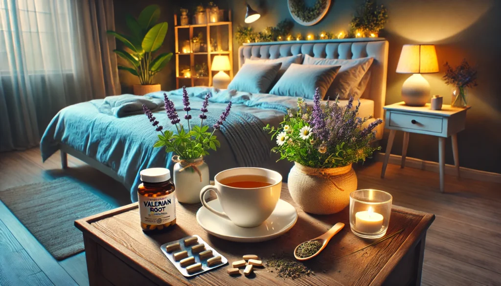 A wide-angle image of a peaceful bedroom setup designed for relaxation and sleep, featuring natural sedatives. The scene includes a bedside table with a cup of chamomile tea, valerian root supplements, and lavender essential oil. A cozy bed with soft linens and a dimly lit lamp enhances the soothing atmosphere, with greenery adding a touch of nature to the space.