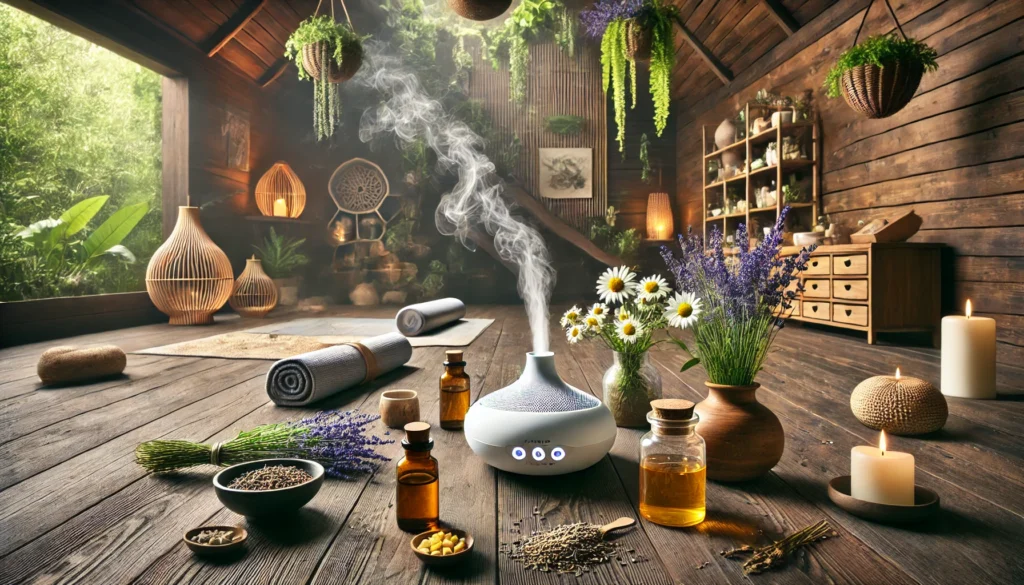 A wide-angle composition featuring a natural wellness retreat setting, designed for relaxation and stress relief. The scene includes a wooden spa-like space with diffusers emitting calming lavender mist, herbal tea preparations, and a selection of natural sedatives such as valerian root, passionflower, and chamomile. A yoga mat and meditation cushion in the background enhance the tranquil atmosphere.