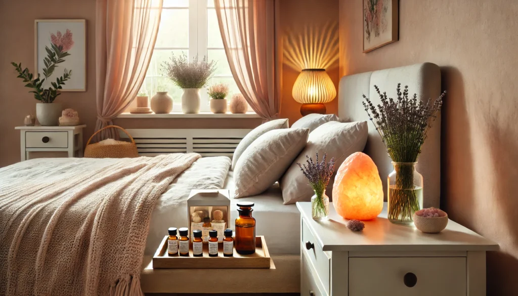 A wide-angle image of a peaceful bedroom setup designed for homeopathic anxiety relief. The room features a neatly arranged nightstand with natural homeopathic remedy bottles, a glass of warm herbal tea, and a small vase of lavender flowers. A soft-lit Himalayan salt lamp adds to the calming ambiance. The cozy bed with a plush throw blanket is positioned near a large window with sheer curtains, allowing in gentle, diffused natural light.