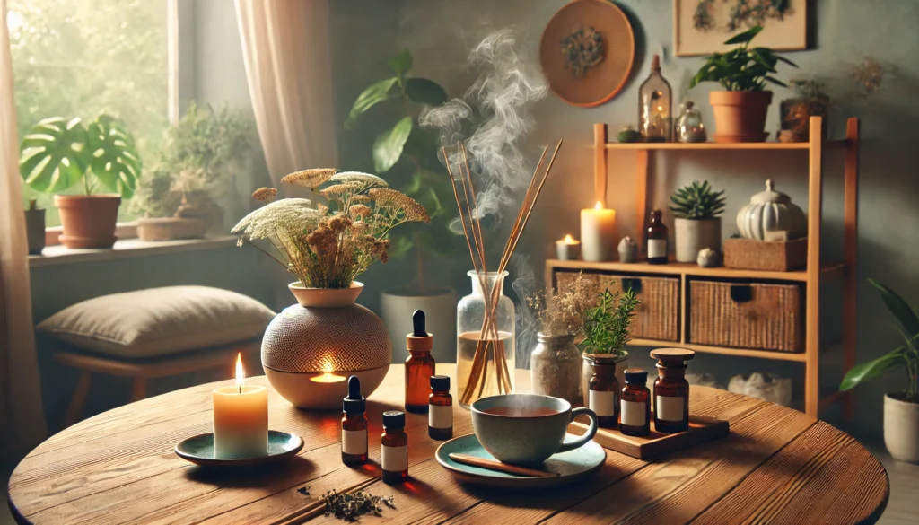 A wide-angle composition featuring a natural wellness station for homeopathic anxiety relief. The scene includes a wooden table adorned with homeopathic remedy bottles, dried medicinal herbs in glass jars, and a ceramic diffuser emitting a fine mist. A cup of steaming herbal tea rests beside a cozy lit candle, creating a warm and inviting atmosphere. In the background, soft greenery and a minimalist, peaceful interior enhance the calming environment.