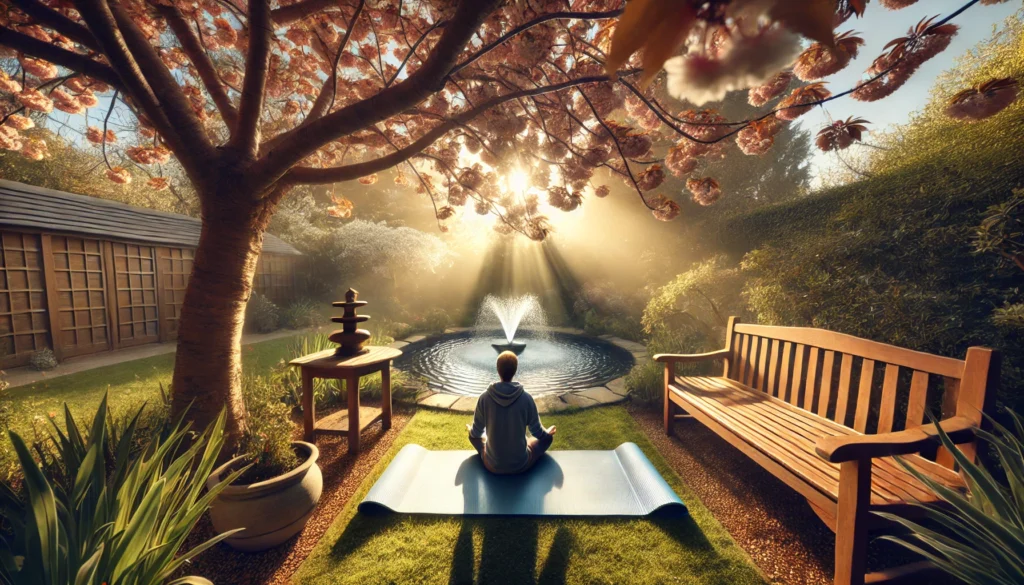  A peaceful garden setting with a meditation bench under a blossoming cherry tree. Sunlight filters through the leaves, casting a warm glow on a nearby water fountain. A yoga mat rests on the grass where a mindfulness practitioner sits in quiet meditation, surrounded by nature's soothing sounds.