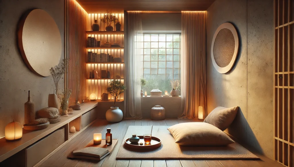 A wide-angle image of a home mindfulness retreat featuring a large floor cushion, soft ambient lighting, and a wooden shelf with essential oils and an incense holder. Natural light streams in through a nearby window, illuminating a stack of mindfulness books and a warm cup of herbal tea, creating a calming space for meditation and deep relaxation.





