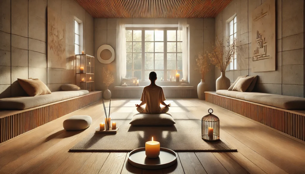 A spacious room designed for guided meditation, featuring a minimalist aesthetic with neutral colors, soft textures, and a gentle glow from a Himalayan salt lamp, creating a soothing atmosphere.