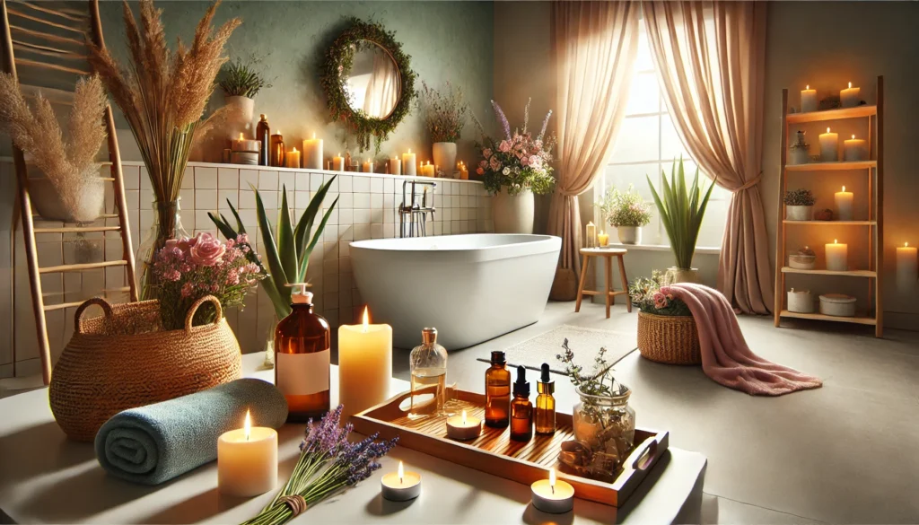 A wide-angle composition featuring a peaceful home spa setup with a bathtub, essential oils, scented candles, and fresh flowers. The scene is designed for ultimate relaxation, promoting a holistic approach to anxiety relief. Soft lighting and calming colors create a soothing atmosphere, enhancing the self-care experience.