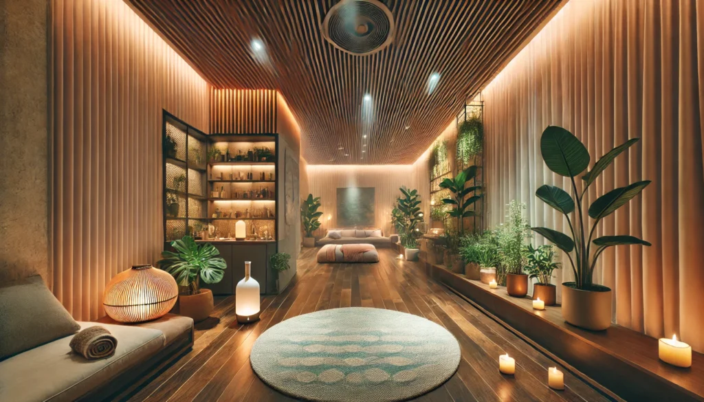 A wide-angle image capturing a tranquil wellness retreat with soft lighting, indoor plants, aromatherapy diffusers, and a cozy meditation area. The wooden floor and natural textures contribute to the sense of calm, creating a space designed for alternative anxiety relief practices.