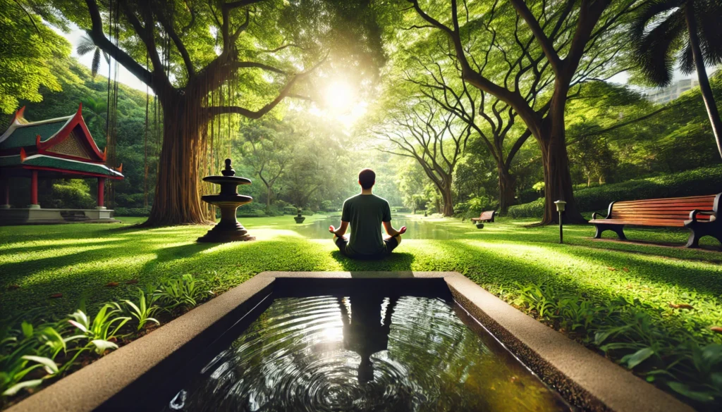 A peaceful wide-angle scene showcasing an individual practicing mindful breathing on a yoga mat in a cozy, well-lit indoor space with warm tones, gentle lighting, and minimalist decor designed for meditation and stress relief.