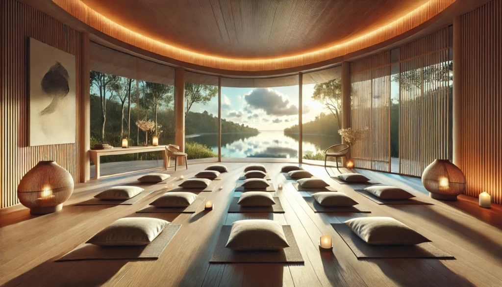 A tranquil wide-angle composition featuring a mindfulness practitioner engaged in a body scan meditation session, lying comfortably on a mat in a softly lit room with candles and calming elements promoting deep relaxation.