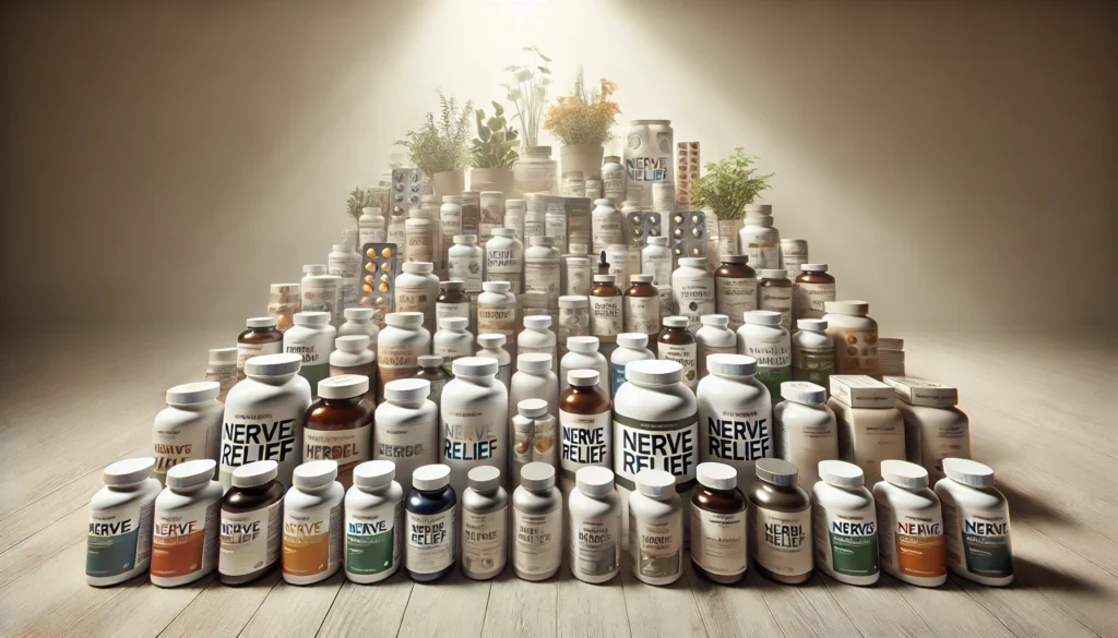 A wide-angle image capturing a neatly arranged selection of natural and pharmaceutical nerve relief options on a wooden countertop. The setup includes herbal bottles, pill containers, and soothing teas, promoting a holistic view of nerve care and relaxation.