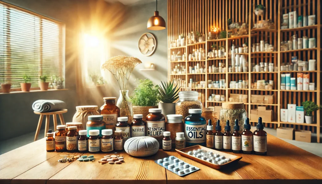 A wide-angle image showcasing a well-organized display of OTC nerve relief products on a pharmacy shelf. The assortment includes pain relief creams, herbal supplements, and stress-management aids, reflecting the diverse options available for nerve health.