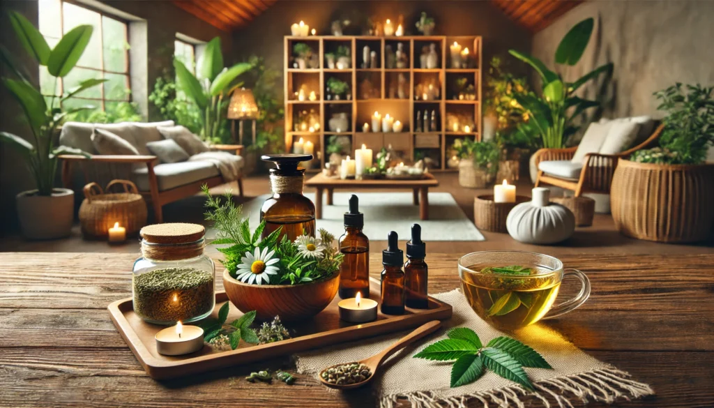 A wide-angle composition showcasing a tranquil wellness space with soothing elements like aromatherapy candles, herbal teas, and meditation accessories for natural nervous system support.