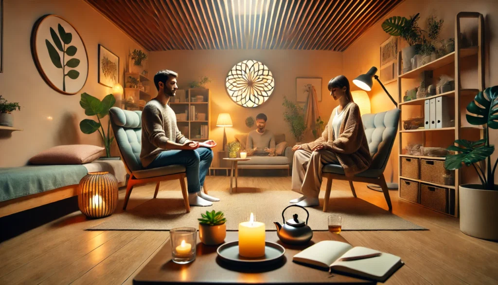 A wide-angle image capturing a tranquil therapy session in a cozy, well-lit space where a therapist and a client engage in mindfulness-based cognitive therapy, surrounded by soothing decor.