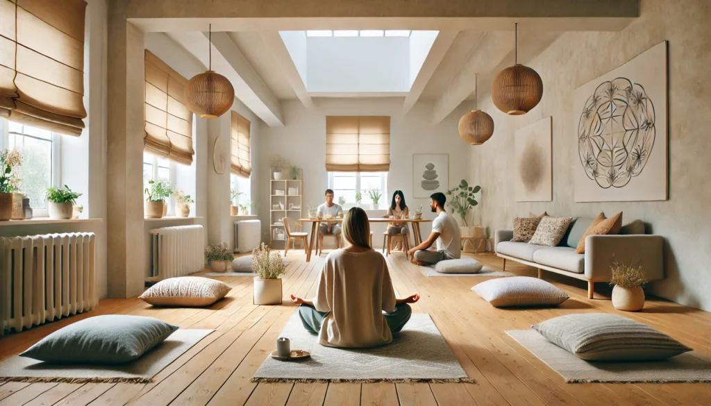 A wide-angle composition showcasing a peaceful mindfulness group session – A small group of individuals participates in a guided mindfulness session in a spacious, minimalist studio. The participants sit on meditation cushions, engaged in deep breathing and present-moment awareness