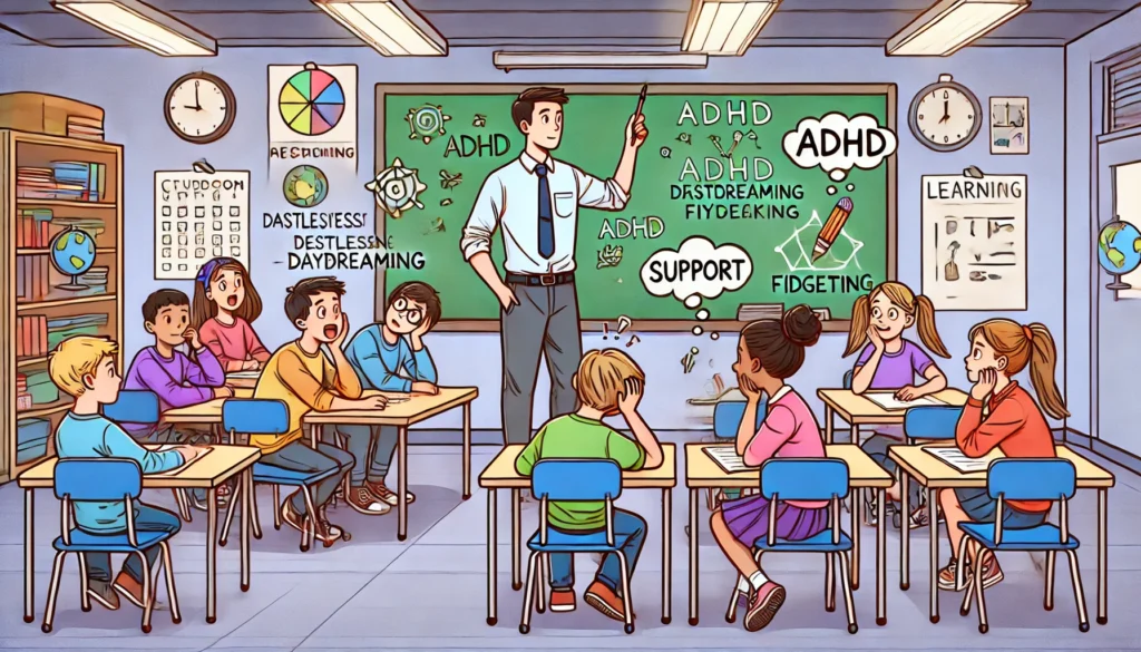 "A classroom scene where a teacher is interacting with a diverse group of students, some of whom exhibit signs of ADHD such as restlessness, daydreaming, or fidgeting. The image conveys inclusivity and support, illustrating different learning styles and attention challenges."