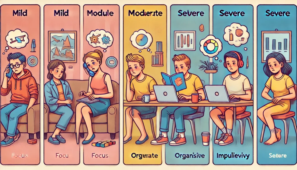 "A side-by-side comparison of three individuals representing different ADHD severity levels: mild, moderate, and severe. Each person is engaged in daily activities, showcasing varying levels of focus, organization, and impulsivity, visually illustrating the spectrum of ADHD test score meanings."