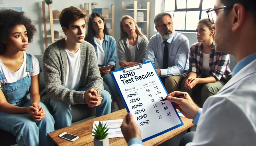 "A diverse group of individuals discussing ADHD test results in a counseling session. The scene includes a psychologist explaining the meaning of test scores to a concerned adult or parent, emphasizing support, understanding, and guidance in ADHD diagnosis and treatment."