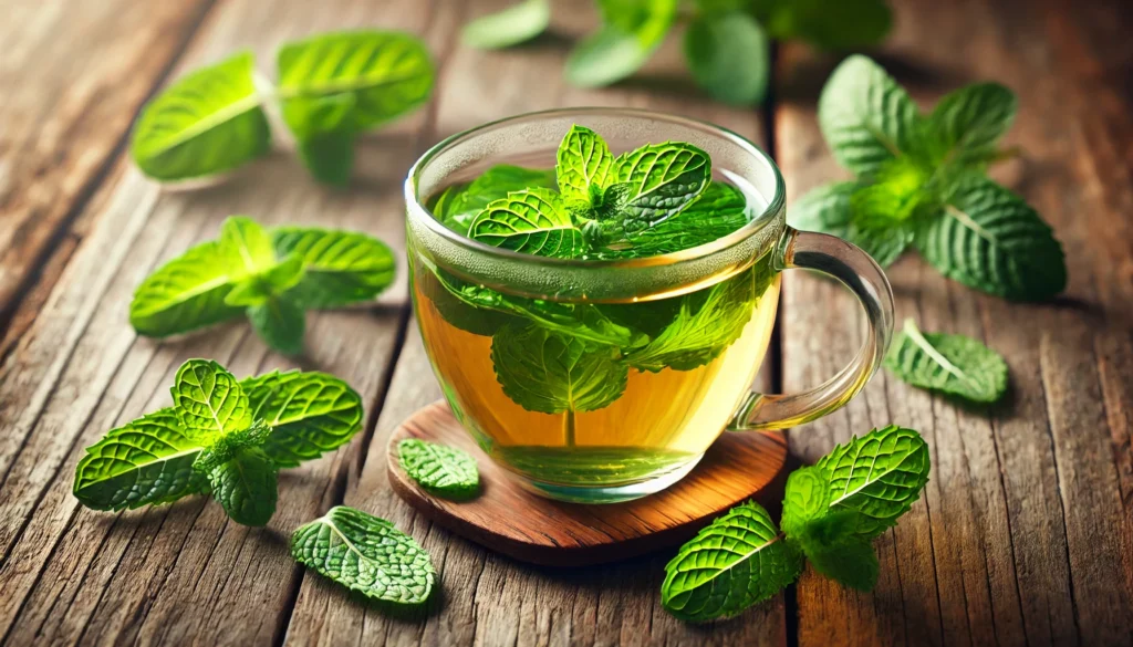 A refreshing glass mug of peppermint tea with fresh mint leaves floating on the surface, placed on a rustic wooden table with scattered peppermint leaves. Soft natural light enhances the vibrant green hues, creating a calming and invigorating atmosphere.