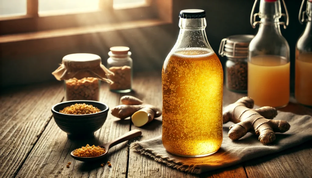 "A rustic glass bottle of golden, effervescent kombucha on a wooden table, accompanied by a small bowl of probiotics and fresh ginger. Soft natural lighting enhances the vibrant hues, emphasizing the drink's gut-friendly and health-boosting properties