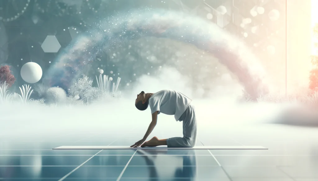 A serene yoga scene of a person practicing the Cat-Cow Stretch (Marjaryasana-Bitilasana) on a yoga mat in a bright and airy studio, promoting spinal flexibility and stress relief.