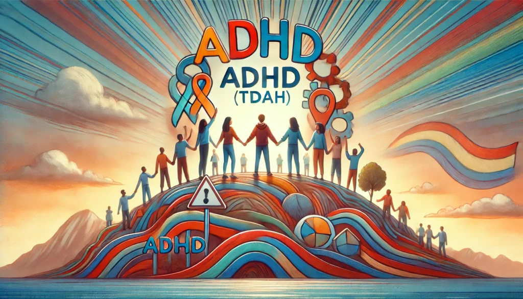 "A conceptual illustration representing ADHD (TDAH) awareness and advocacy. The image features a symbolic depiction of a diverse community coming together, showing unity and support for individuals with ADHD in Spanish-speaking populations. The atmosphere is hopeful and inspiring."