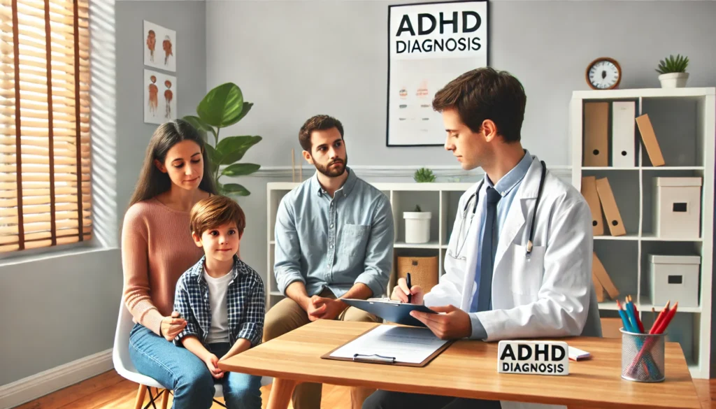 "A professional ADHD (TDAH) diagnosis session in a medical office. A psychologist is attentively evaluating a young child with their parent present, demonstrating the assessment process for ADHD in Spanish-speaking populations. The setting is calm, professional, and supportive."