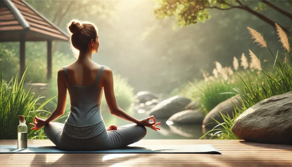 A tranquil yoga scene of a person meditating in a cross-legged seated position on a yoga mat outdoors, embodying mindfulness, stress relief, and inner peace.