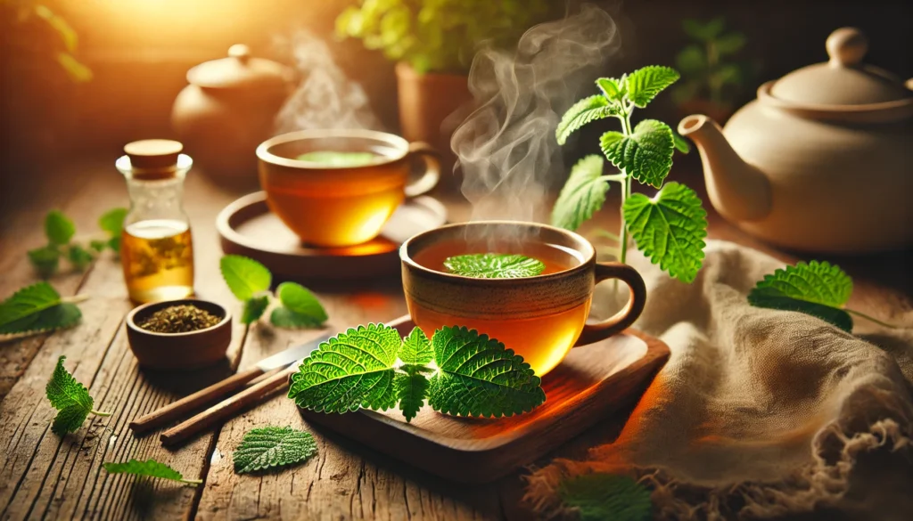 A cozy scene of a steaming cup of lemon balm tea on a wooden table with fresh lemon balm leaves beside it, evoking calmness and stress relief in warm natural lighting.