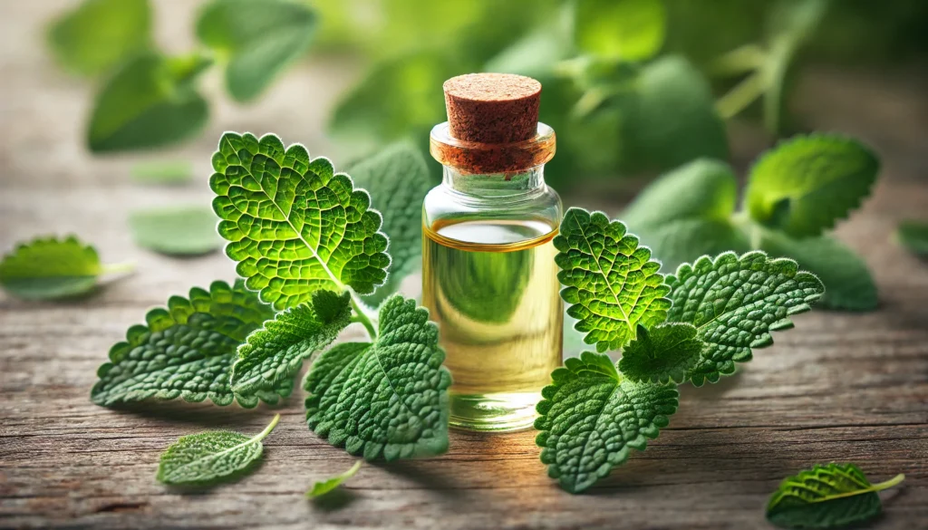 A glass bottle of lemon balm essential oil surrounded by fresh lemon balm leaves on a rustic wooden surface, reflecting soft natural light and emphasizing its therapeutic benefits