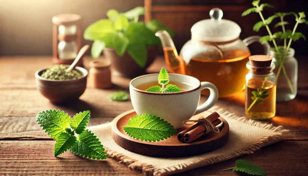 "A cozy scene with a cup of freshly brewed lemon balm tea on a wooden table, accompanied by fresh lemon balm leaves, evoking warmth, relaxation, and stress relief."