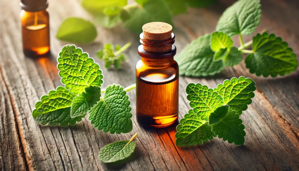 "A close-up of a small amber glass bottle of lemon balm essential oil surrounded by fresh lemon balm leaves on a rustic wooden surface, highlighting its purity and calming benefits."