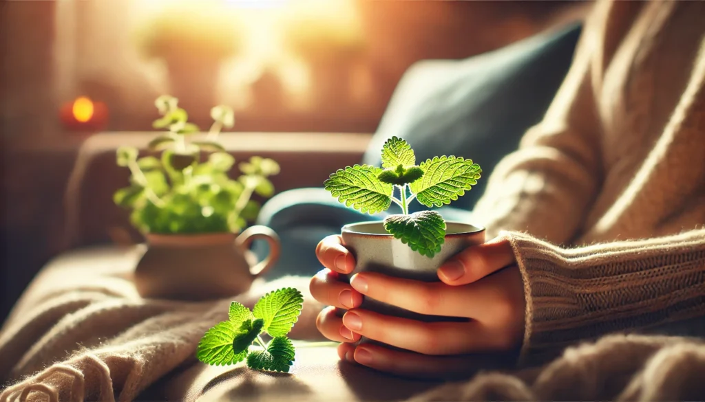 "A peaceful scene of a person lounging on a couch with a warm cup of lemon balm tea, enjoying a moment of stress relief in a cozy and calming atmosphere."