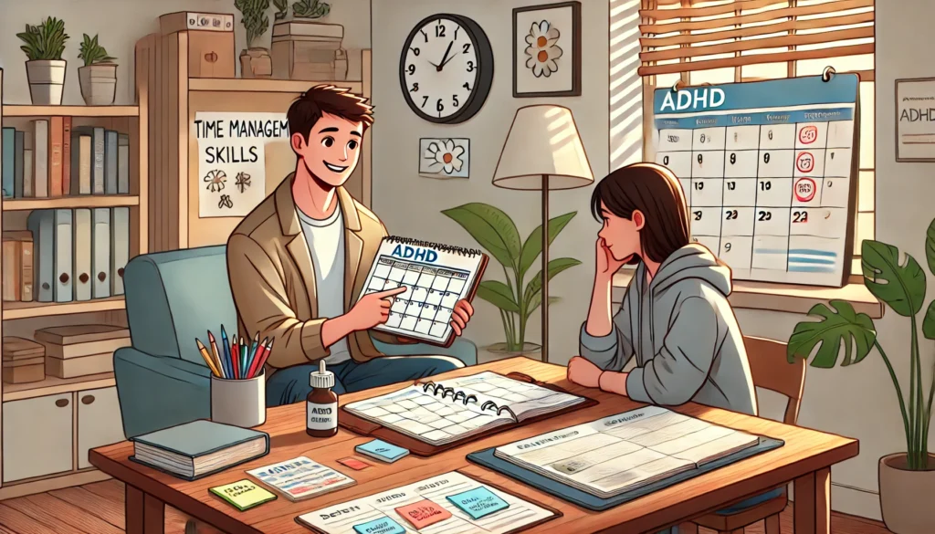 "A one-on-one ADHD coaching session where a patient is learning time management and organization skills. The setting includes a coach guiding the patient with a planner, calendar, or task management board to improve ADHD-related challenges in daily life."