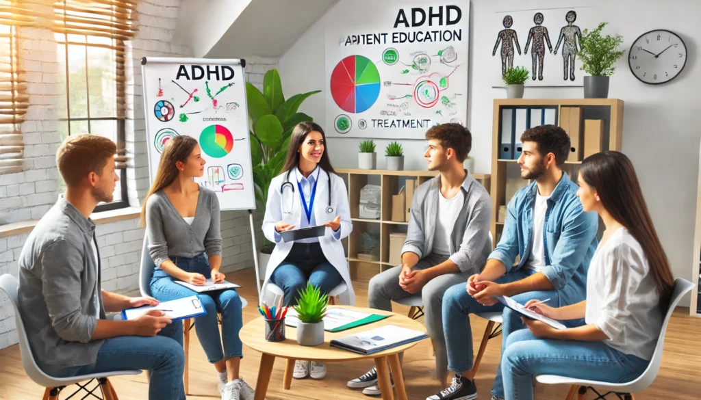 "A group therapy or ADHD patient education session where individuals with ADHD are actively participating in a discussion led by a healthcare professional. The setting is a welcoming environment with visual aids and interactive elements that help explain ADHD coping strategies and treatment plans."