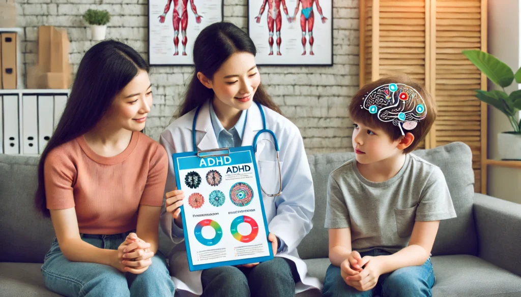 "An ADHD patient and their family sitting with a doctor in a clinical setting, discussing a treatment plan. The doctor is using visual aids like brain scans or ADHD-related infographics to educate the patient and family about ADHD management strategies."