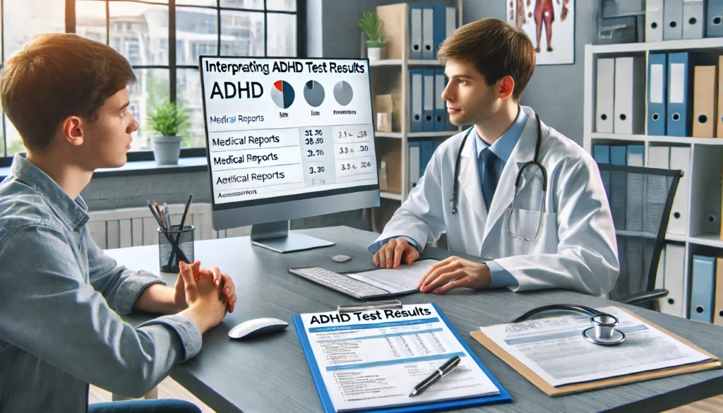 "A UK doctor discussing ADHD test results with a patient in a clinical setting. The scene includes medical reports, a computer screen displaying assessment data, and a professional consultation, illustrating the process of interpreting ADHD test results in the UK."