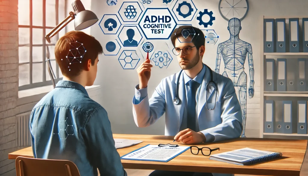 "A psychologist in the UK administering an ADHD cognitive test to a patient using standardized testing tools. The scene includes a structured clinical environment, a test sheet, and focused interaction, symbolizing the ADHD assessment process in the UK."