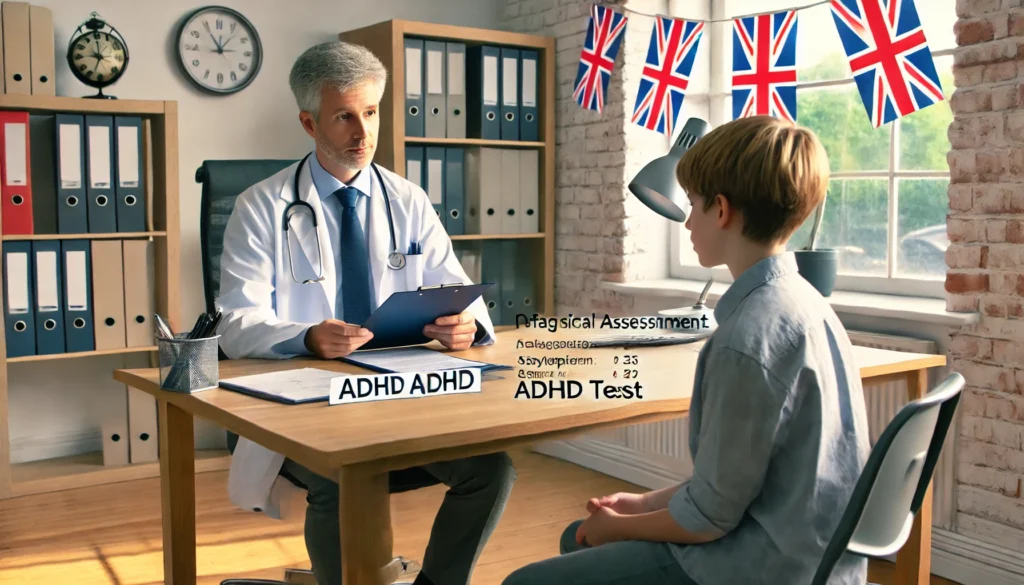 "A professional ADHD assessment taking place in a UK medical office. A psychiatrist is sitting across from an adult patient, discussing symptoms and reviewing a diagnostic questionnaire. The scene reflects an official ADHD test process in the UK, with a clinical and supportive atmosphere."