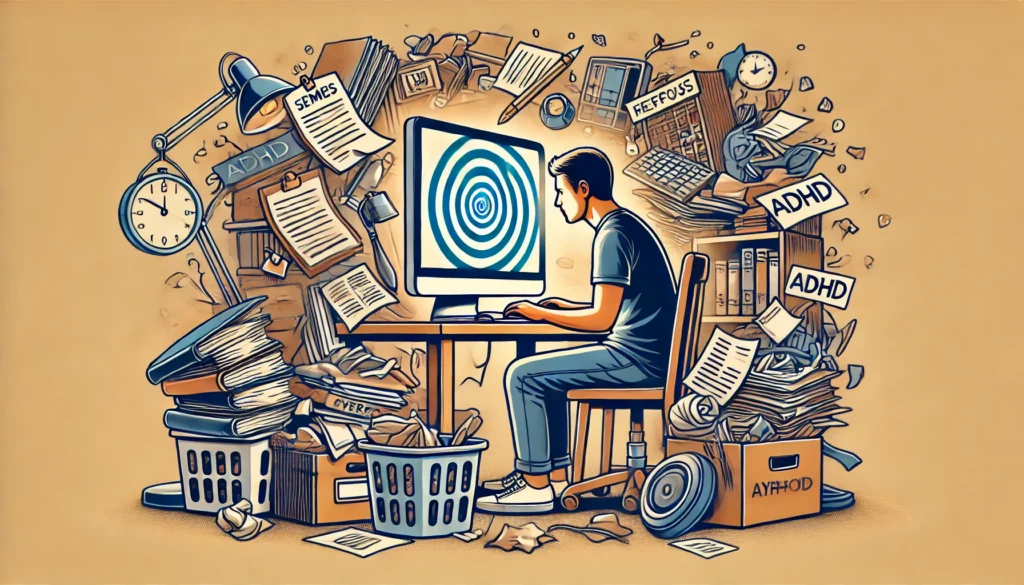 "An illustration of hyperfocus in ADHD. A person is deeply engrossed in a task on their computer, oblivious to their surroundings, as clutter and unfinished responsibilities pile up around them. This visual represents the paradox of intense focus, a lesser-known ADHD symptom."