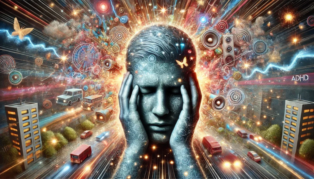 "An artistic depiction of sensory overload in ADHD. The image showcases an individual covering their ears and closing their eyes, overwhelmed by bright lights, loud noises, and chaotic surroundings. This visual represents the lesser-known ADHD symptom of heightened sensory sensitivity."