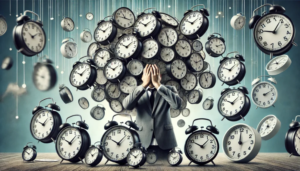 "A conceptual representation of time blindness in ADHD. The image features a person overwhelmed by multiple clocks, unable to keep track of time, symbolizing the difficulty in time perception and management, a lesser-known symptom of ADHD."