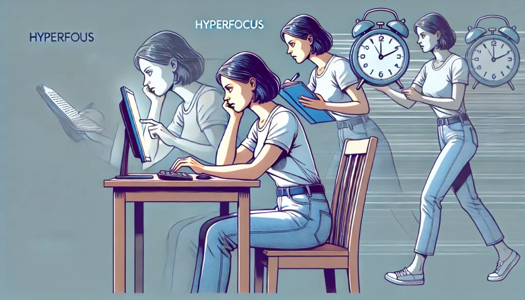 "A woman hyperfocused on a task, deeply absorbed in writing or researching on a computer while neglecting other responsibilities around her. The image symbolizes the paradox of hyperfocus in ADHD symptoms in women, where intense concentration on one activity leads to neglect of daily tasks."