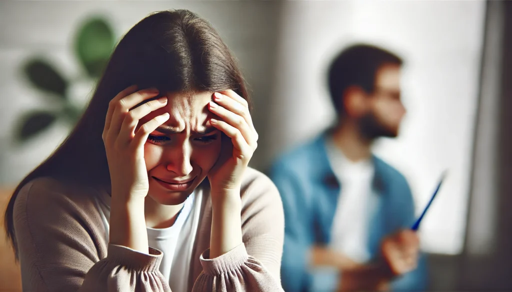 "A woman experiencing emotional dysregulation, showing frustration and sadness in response to a minor situation. The image captures the heightened emotional sensitivity often associated with ADHD symptoms in women, reflecting the challenges of managing mood swings and impulsive reactions."