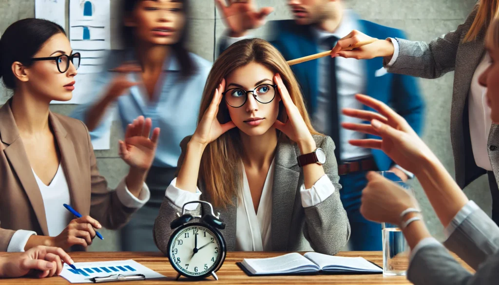 "A woman in a professional office environment struggling to focus during a meeting, with distractions around her. The image highlights inattentiveness and challenges with workplace productivity, a common symptom of ADHD in women."