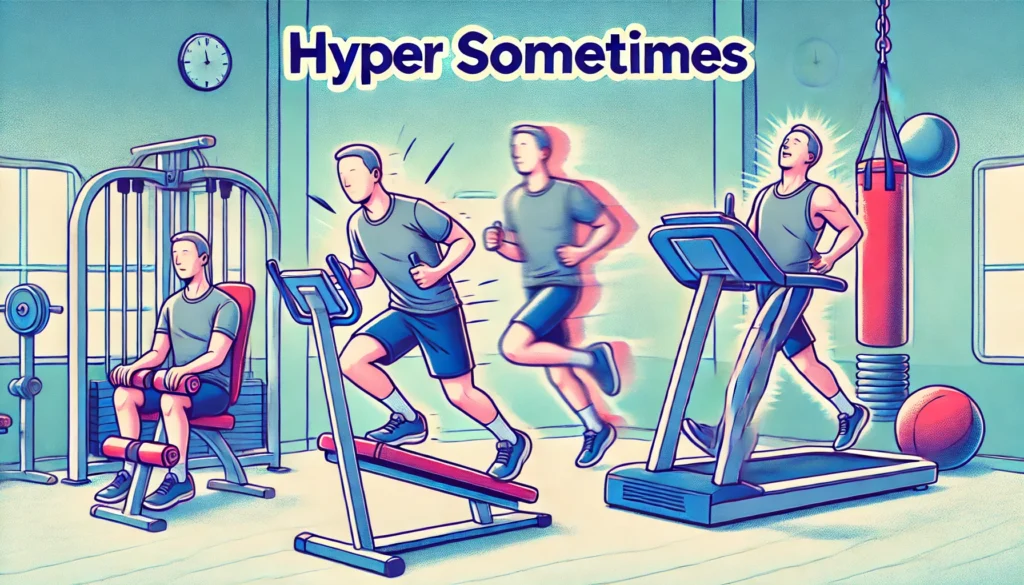 "A person in a gym feeling hyper and energetic, moving quickly between different workout stations. The scene illustrates the sensation of being 'hyper sometimes' and using physical activity as an outlet for excess energy."