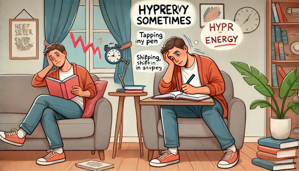 "A person struggling with hyperactivity while attempting to focus in a cozy home setting. They are tapping a pen, shifting in their seat, and looking distracted while trying to read a book. The scene illustrates the sensation of being 'hyper sometimes' and managing restless energy."