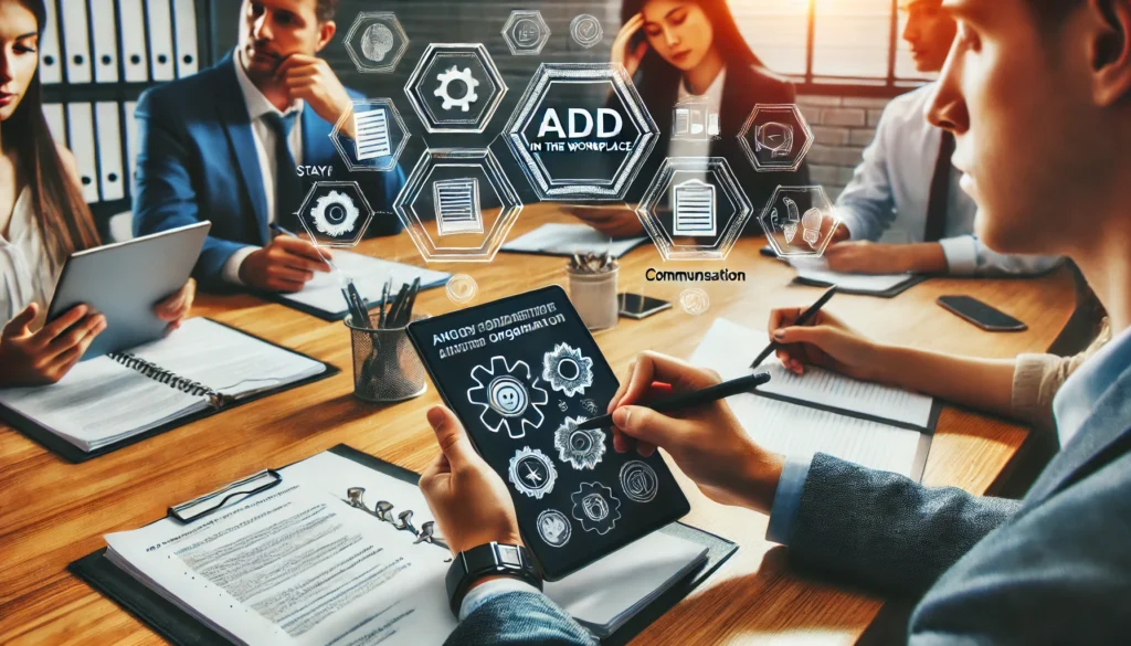 "A collaborative team meeting where an employee with ADHD is using a digital note-taking tablet to stay organized, participating in a discussion. The image highlights effective strategies for engaging in teamwork and communication while managing 'ADD in the workplace'."