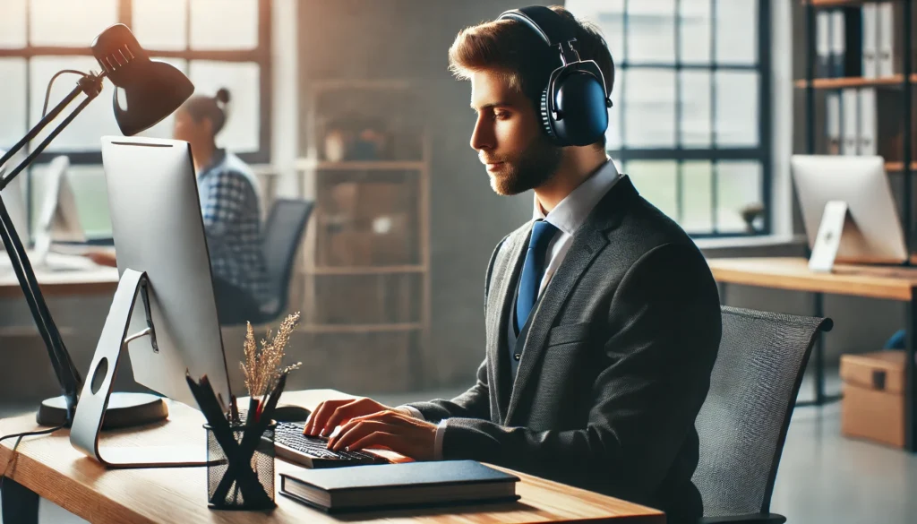 "An employee in a modern office setting wearing noise-canceling headphones while working on a computer, minimizing distractions. The scene represents strategies for managing focus and productivity for individuals dealing with 'ADD in the workplace'."