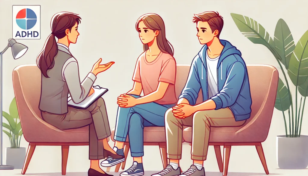 A couple sitting together in a therapy session, discussing their relationship. The therapist is calmly guiding them, while one partner appears engaged and the other slightly distracted, symbolizing the challenges and communication struggles of ADHD in relationships.